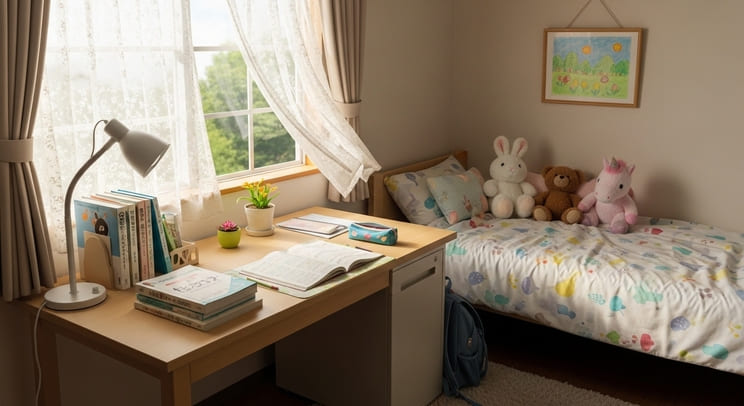 明るく落ち着いた子ども部屋のカーテン