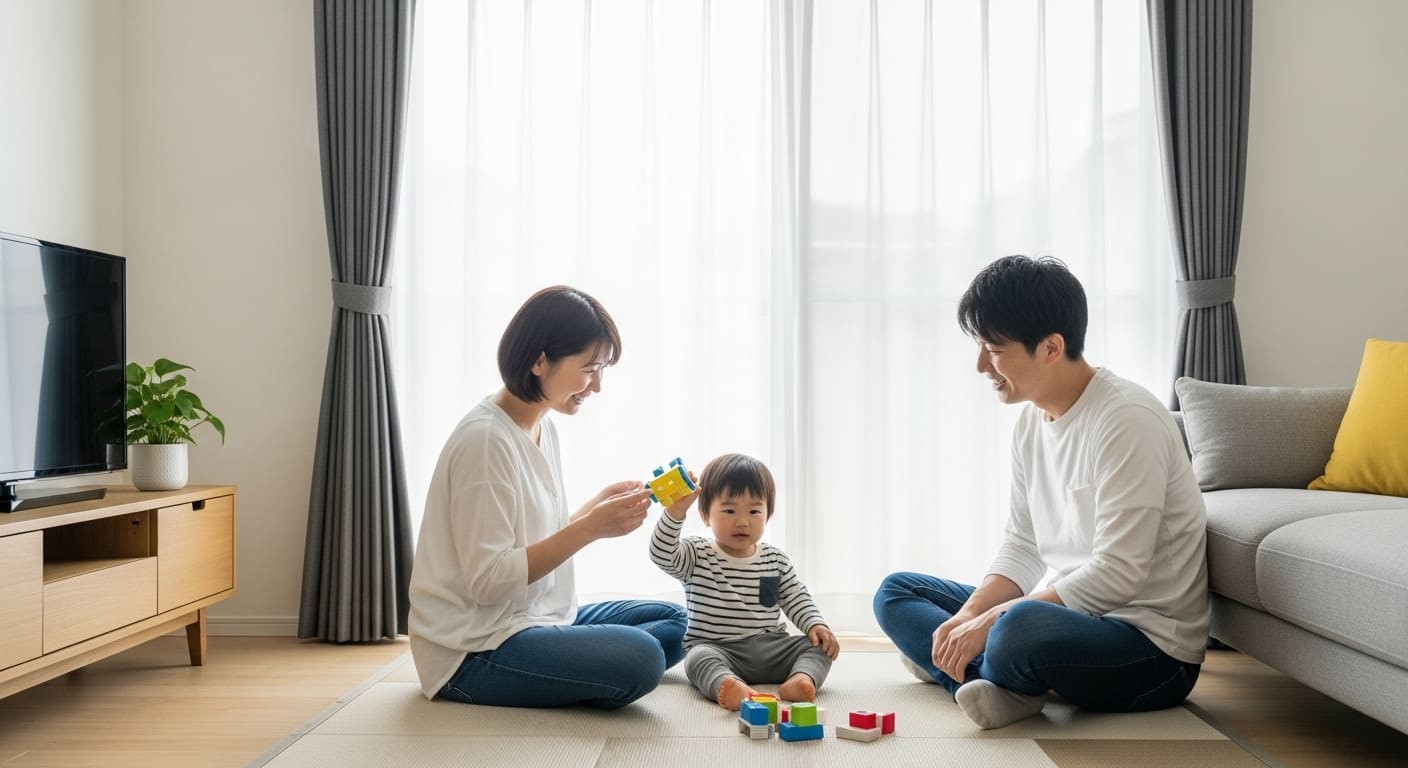 家族がくつろぐリビングのカーテンイメージ