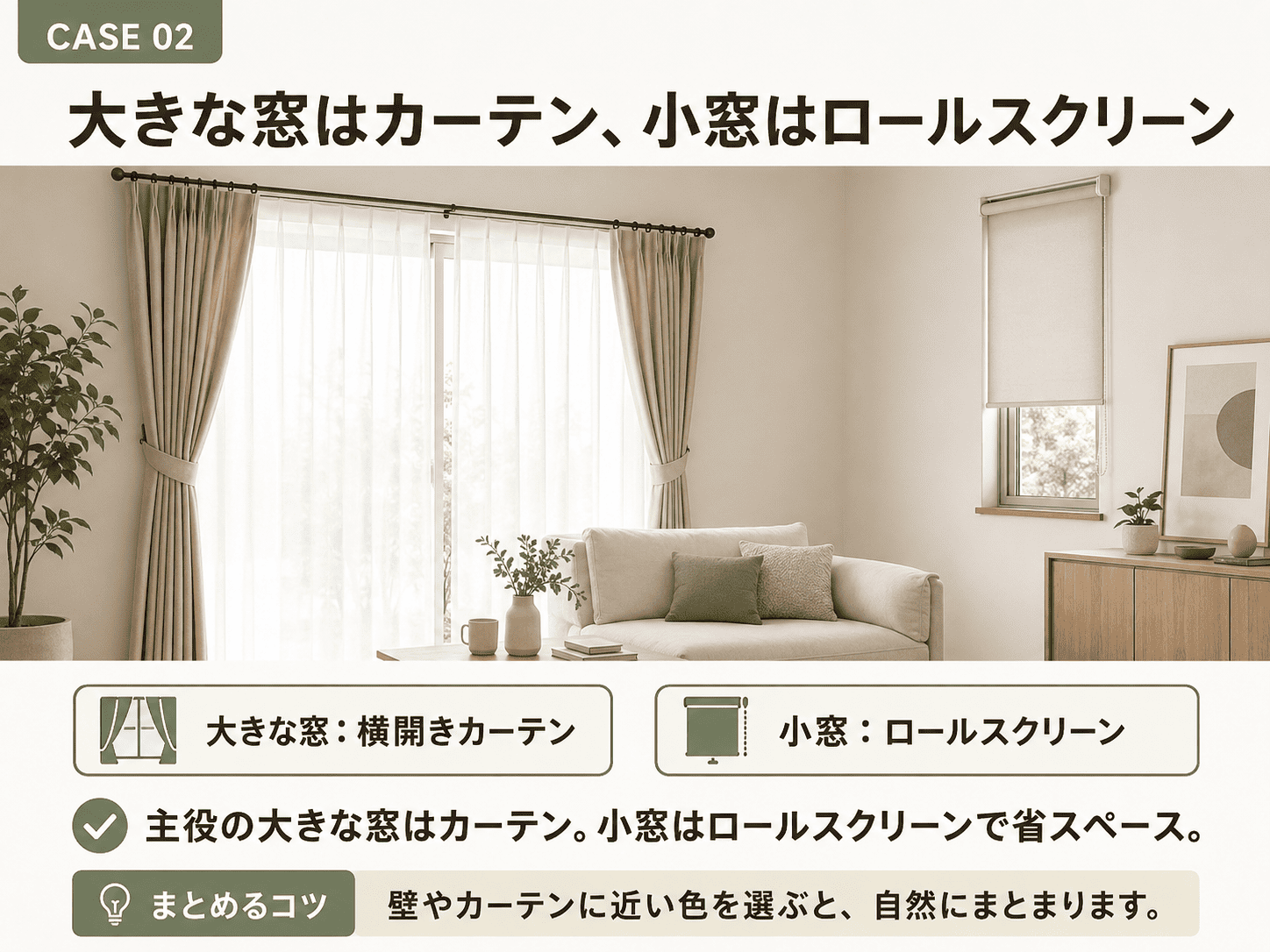 CASE02 大きな窓は横開きカーテン、小窓はロールスクリーンにした室内