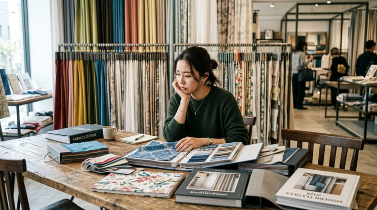 一人暮らしの部屋でカーテンを選ぶ女性のイメージ