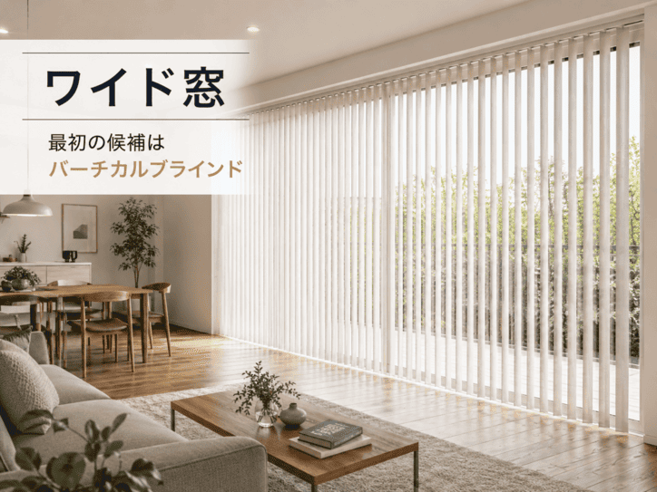 ワイド窓にバーチカルブラインドを取り付けた室内イメージ